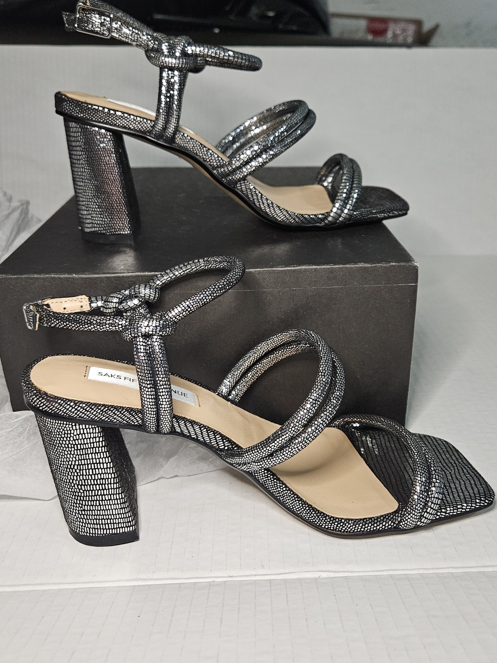 Saks Fifth Avenue Metallic Silver Knotted Strap Block Heels